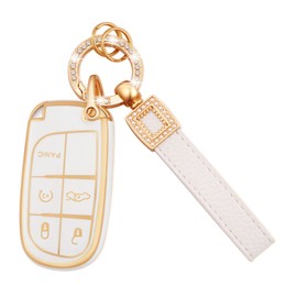 EKALA for Key Fob Cover with Leather Key Fob Keychain, 5 Buttons Soft TPU Keys Shells White Key Fob Cover Compatible with Grand Cherokee Compass Renegade Cherokee Key Fob Protector(P-Jep)