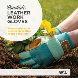 Wells Lamont Women's HydraHyde Leather Hybrid Gloves – Water-Resistant, Durable Cowhide Palm, Spandex Stretch Back – Ideal Landscaping/Farming/Gardening Gloves – Adjustable Wrist – Small, Blue (3250S)