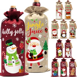 12Pcs Burlap Wine Bags Christmas Wine Gift Bags for Wine Bottles Gifts, Christmas Wine Bottle Bags with Drawstring Holiday Wine Bags, Christmas Wine Bottle Covers for Xmas New Year Holiday Party Decor