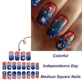 Red Blue Press on Nails Medium Square Independence Day Fake Nails with Five-Pointed Star Design 4th of July Glue on False Nail Patriotic Red Blue Star Artificial Stick on Nail for Women Girls 24Pcs