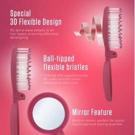 Mini Detangler Travel Hair Brush with Mirror, Makaron Brushes for Women, Men and Kids, Unique 3D Flexible Design for All Hair Types, Styling Accessory, Travel Essentials for Women. (DARK PINK)