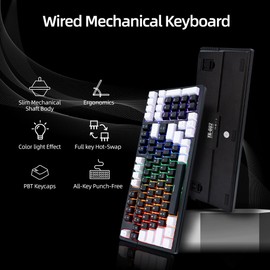 WJX Computer Clicky Keyboard Wired 98 Full Key Compact RGB keyboard with 19 Modes Mechanical Gaming Keyboard for PC & Mac, Hot-Swappable Red Tactile Mechanical Switch, USB-C control PBT Keycaps（Black）