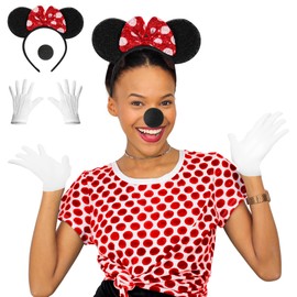 3 Pcs Mouse Accessories for Adult Costume Glitter Black Mouse Ears Headband with Red Glitter Hair Bow White Gloves and Black Mouse Nose for Mouse Outfit Fancy Dress