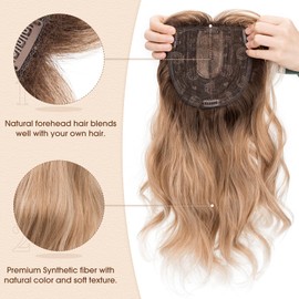 Benehair Long Wavy Hair Toppers for Women 18 Inch Hair Pieces with Thinning Hair 6"x6" Lace Base Synthetic Hair Pieces Clip in Hair Toppers with Bangs Mixed Blonde to White with Dark Root