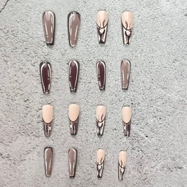 Press on Nails Long Coffin Glue on Nails with Flame Design French Tip False Nails Full Cover Glossy Artificial Nails Brown Acrylic Nails for Women and Girls Nail Art Decorations 24Pcs