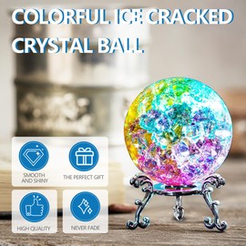 ZEERSHEE 60mm Colorful Ice Cracked Crystal Ball with Stand Decorative Glass Ball Paperweight for Home Wedding Office Decor