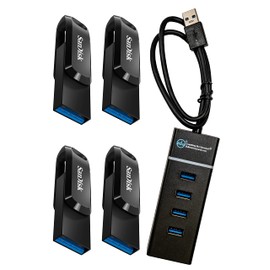 SanDisk 64GB Ultra Dual Drive Go (SDDDC3-064G-G46) 2-in-1 USB Type-A & Type-C Flash Drive - 4 Pack Bundle with (1) Everything But Stromboli 4 Port USB 3.0 Hub