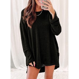 SHEWIN Spring Tops for Women 2025 Crewneck Oversized Sweatshirt Loose Waffle Knit Tops Casual Long Sleeve Shirts for Women,(US 8-10) M,Black