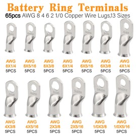 130Pcs Battery Ring Terminals Crimp Connector AWG8 4 6 2 1/0 Gauge Tinned Non Insulated Copper Lugs Cable Wire Ends Assortment, 130pcs 3:1 Heat Shrink Tube kit in Two-Side Box