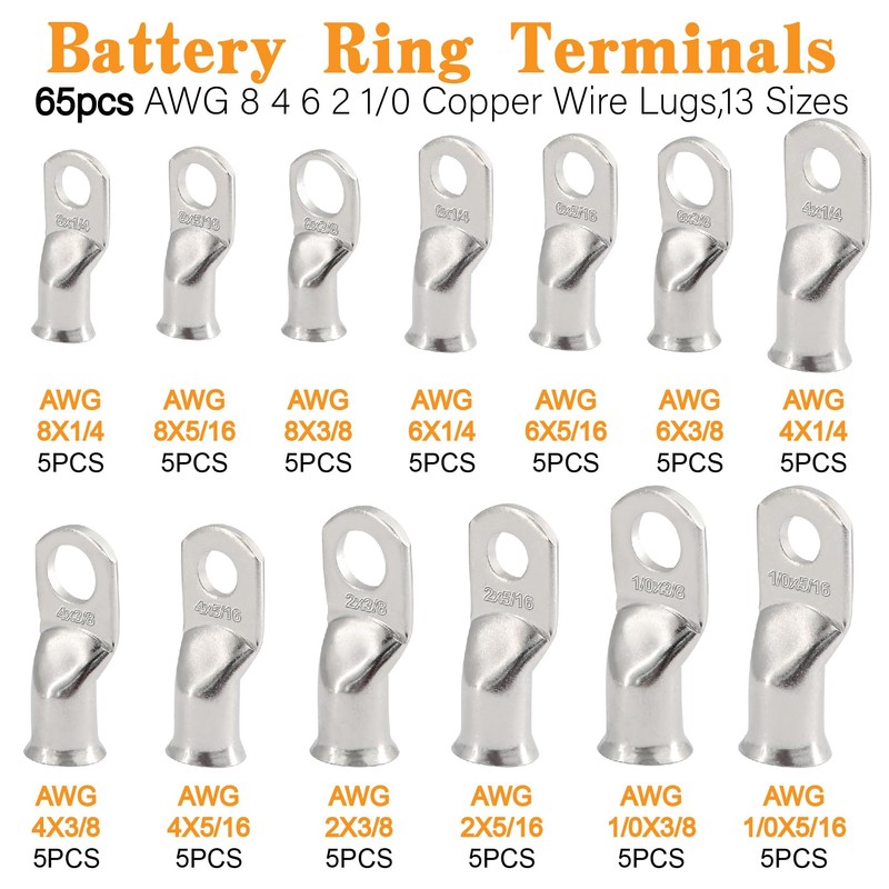 130Pcs Battery Ring Terminals Crimp Connector AWG8 4 6 2