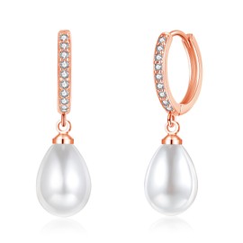 Loutade Rose Gold Drop Hoop Earrings for Women, 925 Sterling Silver Hoop Earrings with Pearl Dangle, Small Cartilage Sleeper Rose Gold Pearl Dangle Huggie Earrings Jewelry for Birthday Mother Day