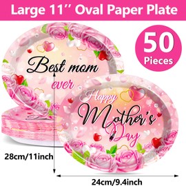 Qyeahkj 50PCS Mother’s Day Decorations Large 11inch Mothers Oval Paper Plates Best Mom Ever Disposable Tableware Supplies, Pink Flower Dish Tray Dinnerware for Happy Mother's Day Tableware Decor
