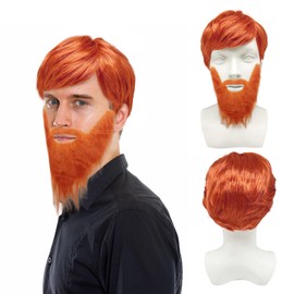 UILYNIU 2 Pcs Mens Wig with Big Beard Ginger Wig Men's Short Wig Boyband Wig Punk Wig Rock Wig Fancy Dress Wig Orange Wig for Men 60s 70s 80s Costume Accessories for Party Carnival Halloween (Orange)
