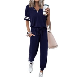MASCOMODA 2 Piece Outfits for Women 2025 Summer Casual Quarter Zip Short Sleeve Tops Long Pants Tracksuit Jogger Lounge Sets, Navy, XX-Large