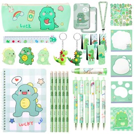 Green Dinosaur School Supplies,Cute Back to School Supplies,Kawaii Stationery Christmas Birthday Gifts,Includes Sticky Notes,Pencil,Eraser,A5 Notebook,Stickers,ID Badge Holder,Ruler