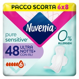 Nuvenia, Assorbente Pure Sensitive Ultra Notte con Ali, Assorbenti per Flusso Abbondante, Confezione da 48 Assorbenti
