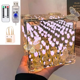EHRHDKNS Lámpara de Tulipanes en Cubo, Lámpara nocturna de tulipanes DIY, Viene con Decoración de Mariposas, Caja de Regalo y Control Remoto Funcional (Morado)