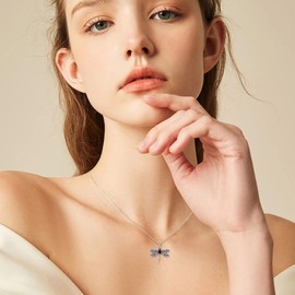 QKABTI Vintage Dragonfly Pendant Necklace for Women 925 Sterling Silver Oval Shaped Ruby Cute Dragonfly Necklaces Birthstone Jewelry Birthday Gifts for Her