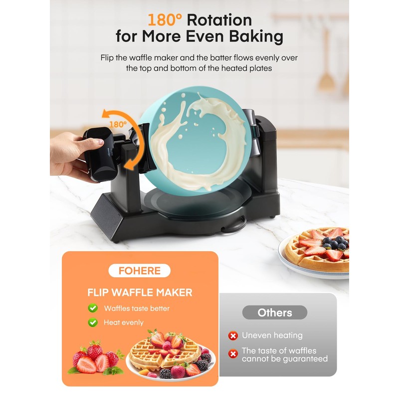 Waffle Maker, 1400W Double Belgian Waffle Iron 180° Flip, 8