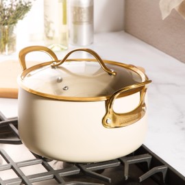 bloomhouse 6 Quart Heavy Duty Aluminum Premium PFA Free Ceramic Nonstick Dutch Oven Pot with Lid - Almond Cream w/Gold Handle