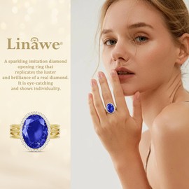 Linawe Sapphire Blue Rings for Women, Chunky Gold Birthstone Adjustable Rings, Vintage Statement Oval Rings, Imitation Diamond Fake Faux Crystal CZ Gemstone Cocktail Rings Costume