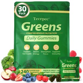 Greens Daily Gummies, Superfood Fruits and Veggies Blend with Spirulina, Chlorella, Prebiotics & Fiber, Adaptogens Multivitamin Supplement for Women & Men Digestive Health, 240 Count