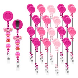 30pcs Rose Pink Beadable Badge Reels Making Kits - Beaded Blank Bars Bulk - Retractable Badge Reel with Belt Clip for ID Name DIY Gift Beadable Items for Nurses,Teachers, Students, Office, Workers