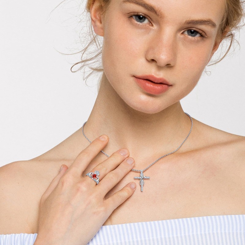 AVECON Claddagh January Garnet Birthstone Rings for Women 925 Sterling