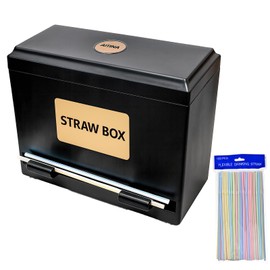 AITINIA Straw Dispenser, Pencil Dispenser, Straw Organizer, 100 PCS Striped Straws Included, Classroom & Restaurant Supply, Plastic, 9.25" L x 4.5" W x 7.5" H, Black