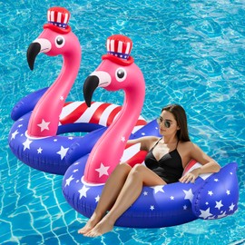 VercanMonth 2 Pack American Flag Inflatable Flamingo Pool Float-45 Inch 4th of July Large Swim Tube Rings 250th Anniversary Red White & Blue Floating Raft for Summer Lake Beach Pool Party Ride