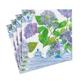 Caspari Hydrangeas and Porcelain Paper Cocktail Napkins - Two Packs of 20