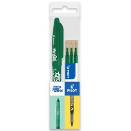 Pilot Frixion Heat/Friction Erasable Rollerball Pen FR7 - Medium Line 0.7mm Tip Nib - Wallet Pack of 1 Pen + 3 Refills (Green)