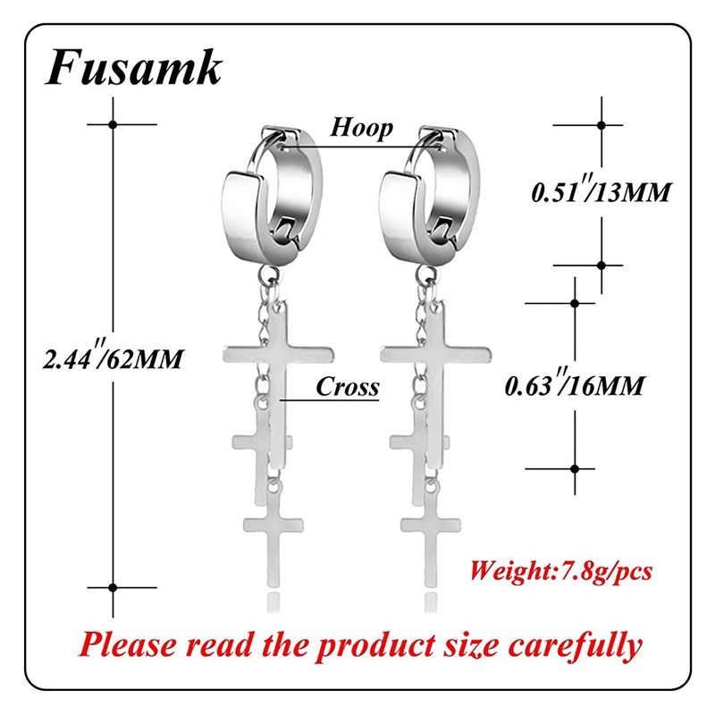 Fusamk Punk Cross Drop Dangle Earrings Huggie Hinged Hoop Earrings,2PCS