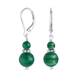 Gemstone Natural Dark Green Malachite Boho Bali Milgrain Edged Beaded Rondel Separator Double Ball Round Drop Dangle Earrings For Women Teen .925 Sterling Silver Lever back