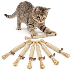 6 Pack Catnip Chew Toys for Indoor Cats, Natural Cat Teeth Cleaning Sticks with Raffia & Fruit, Kitten Teething Toys for Boredom & Stress Relief - Durable Cat Dental & Interactive Wood Toys