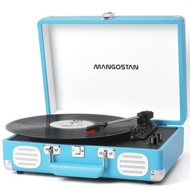 MANGOSTAN Record Player 3 Speed Bluetooth Portable Suitcase, Vinyl Phonograph with Built-in Bass & Speakers, Belt-Driven LP Player Support AUX-in RCA Line Out Headphone Jack, Blue