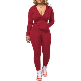 Nimsruc Two Piece Outfits For Women Long Sleeve Bodycon Tracksuit Casual Sweatsuits Jogger Sets Red M