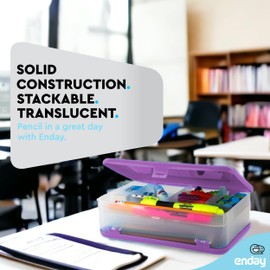 Enday Large Capacity Double Deck Pencil Box - Purple Plastic With 12 Compartments, Snap-Tight Lid, Hard Case Storage Organizer