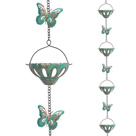 Qipade 12FT Rain Chains for Outside, Metal Rain Chain with Butterfly Decor, Adjustable Rain Catcher Chain with Bell for Eaves Drainage, Replacement for Downspout (12 Cups)