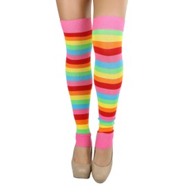 ToBeInStyle Women's Acrylic Horizontal Stripes Knee Hi Leg Warmer Bright Rainbow