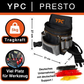 YPC Presto Tool Belt Bag XL - Tool Belt, Work Belt, Waterproof Tool Bag with Hammer Loop, Tear-Resistant Nylon Belt, 12 Pockets, Grey/Black, 27 x 21 x 13 cm, 5 kg Load Capacity, gray
