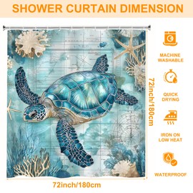 rzzlp Sea Turtle Blue Ocean Starfish Shower Curtain,Bathroom Shower Curtains Bathtub Home Decor Waterproof Fabric Machine Washable with 12 Hooks 72''×72''