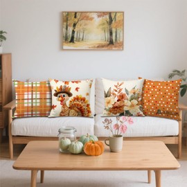 FUYUCHEN Thanksgiving Pillow Covers 18x18 Inch Turkey Flowers Polka Dots Buffalo Plaid Throw Pillow Cases for Harvest Fall Holiday Farmhouse Decorations Sofa Couch Set of 4