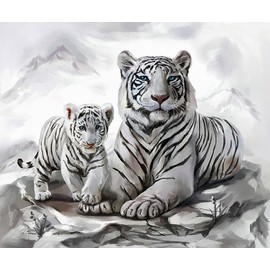 Diamond Painting Set, Picture with White Tiger Mum with Cub and Accessories, Size Approx. 35 x 25 cm, Craft Set for Painting with Rhinestones for Children from 5 Years