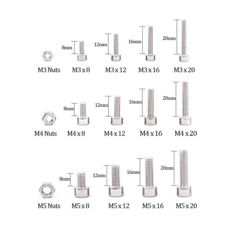 Glarks 510Pcs M3 M4 M5 304 Stainless Steel Hex Socket
