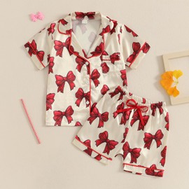MAINESAKA Toddler Baby Girl Satin Pajamas Bow Print Button Down Silk Shirt And Shorts 2Pcs Pjs Summer Sleep Outfit Loungewear (C-Red, 3-4 Years)