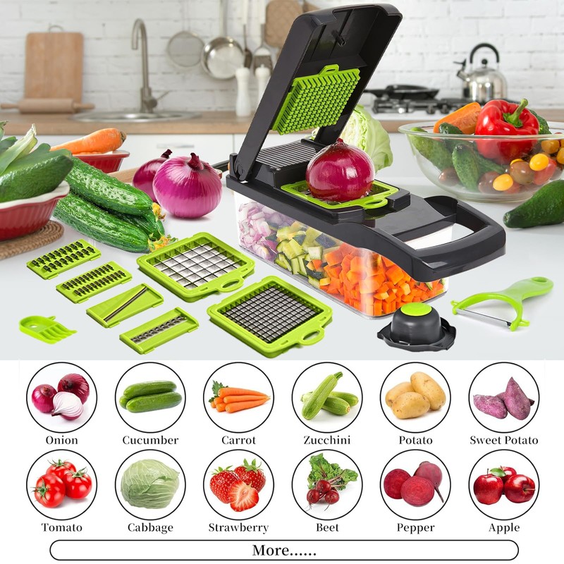 Vegetable Chopper w/Container, 16-in-1 Multifunctional Kitchen Mandoline Slicers and Vegetable