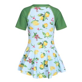 Qterdiz Big Girls One Piece Swimsuits Short Sleeve Swim Dress for Girls Hawaiian Bathing Suit Skirted Summer Swimwear Green Lemons Size 12/10-12 Years