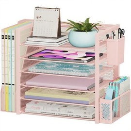 Simple Trending 6 Tier Desk File Organizer, Paper Letter Tray Organizer with File Holder and Pen Container, Pink