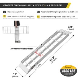 BEJONI 43" Aluminum Shed Ramps, Loading Ramps for Lawn Mower, 1500LBS/PR Capacity, Lightweight Shed Ramps for Garden Tractors, Motorcycle, ATV, Snow Blower, Pack of 2